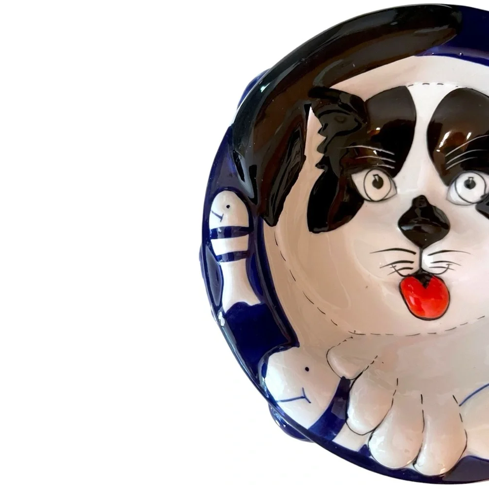 NEW Vtg Baum Bros. Hand Painted Ceramic 3D Fish & Paws Kitty Cat Food/Dish Bowl